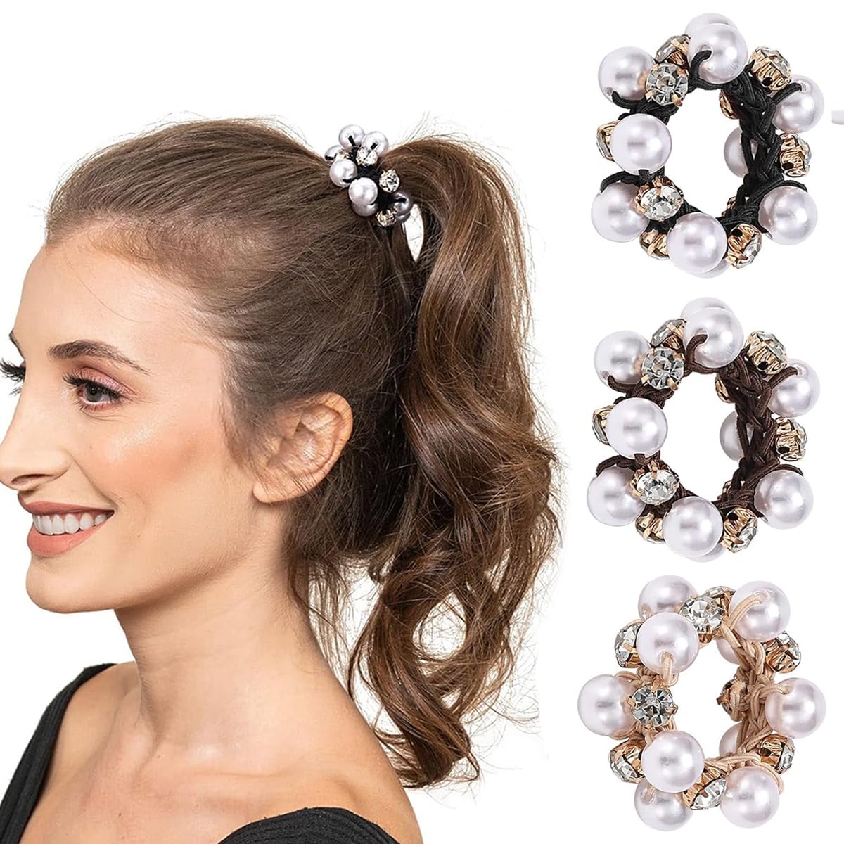 PALAY 3 Pcs Pearl Hair Ties Ropes, Crystal Elastic Hair Scrunchies for Women Girls, Stylish Ponytail Holder, Stretchy Handmade Bead Bands Hair Bun Accessories PALAY 3 Pcs Pearl Hair Ties Ropes, Crystal Elastic Hair Scrunchies for Women Girls, Stylish Ponytail Holder, Stretchy Handmade Bead Bands Hair Bun Accessories